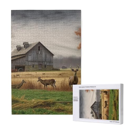 Bauernhof mit Hirsch Gedrucktes Puzzle mit Aufbewahrungsbox, Holzpuzzle für Erwachsene und Kinder, 1000 Teile Familienspaß, dekoratives Spiel von WPUTY