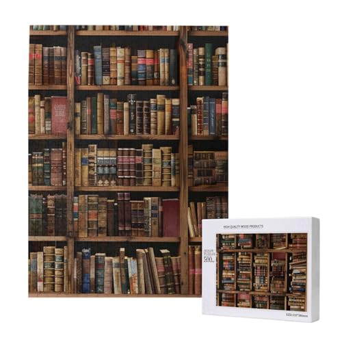 Bibliothek Bücherregal Buch gedruckt Puzzle mit Aufbewahrungsbox, Holzpuzzle für Erwachsene und Kinder, 500 Teile Familienspaß, dekoratives Spiel von WPUTY