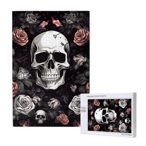 Black Floral Halloween Skull Printed Jigsaw Puzzle with Storage Box, Wooden Puzzle for Adults and Kids, 1000 Pieces Family Fun Decorative Game von WPUTY