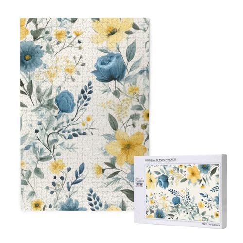 Blaue Blume Blumenmuster Rosen Gedruckt Jigsaw Puzzle mit Aufbewahrungsbox Holzpuzzle für Erwachsene und Kinder 1000 Teile Familie Spaß Dekoratives Spiel von WPUTY