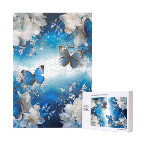 Blaue Schmetterlinge, weiße Blumen, gedrucktes Puzzle mit Aufbewahrungsbox, Holzpuzzle für Erwachsene und Kinder, 300 Teile Familienspaß, dekoratives Spiel Blaue Schmetterlinge, weiße Blumen, gedrucktes Puzzle mit Aufbewahrungsbox, Holzpuzzle für Erwachsene und Kinder, 300 Teile Familienspaß, dekoratives Spiel von WPUTY