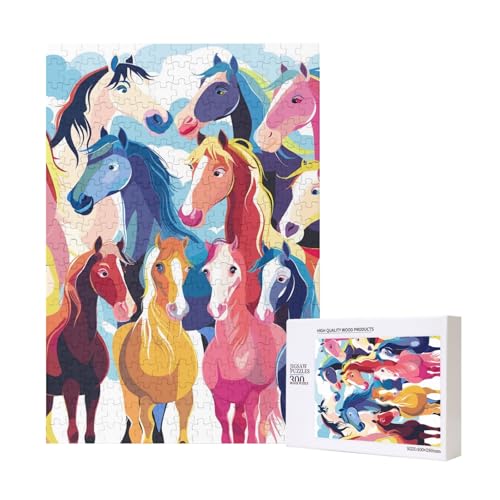 Bunte Cartoon-Pferde gedrucktes Puzzle mit Aufbewahrungsbox, Holzpuzzle für Erwachsene und Kinder, 300 Teile Familienspaß, dekoratives Spiel von WPUTY
