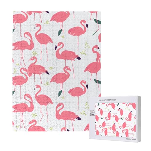 Cartoon Flamingo Muster Gedruckt Puzzle mit Aufbewahrungsbox, Holzpuzzle für Erwachsene und Kinder, 500 Teile Familienspaß, dekoratives Spiel von WPUTY