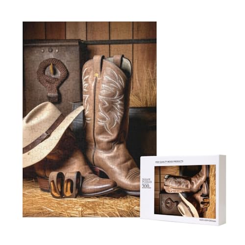Cowboy Black Hat Western Boots Printed Jigsaw Puzzle with Storage Box, Wooden Puzzle for Adults and Kids, 300 Pieces Family Fun Decorative Game von WPUTY