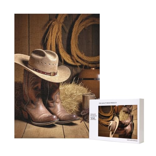 Cowboyhut Western Boot Printed Jigsaw Puzzle with Storage Box, Wooden Puzzle for Adults and Kids, 300 Pieces Family Fun Decorative Game von WPUTY