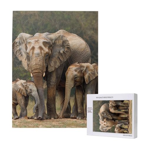 Elefantenfamilie gedrucktes Puzzle mit Aufbewahrungsbox, Holzpuzzle für Erwachsene und Kinder, 500 Teile Familienspaß, dekoratives Spiel von WPUTY