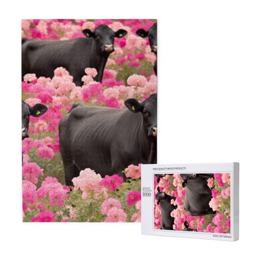 Flower Show Steer Cows Cattle Printed Jigsaw Puzzle with Storage Box, Wooden Puzzle for Adults and Kids, 1000 Pieces Family Fun Decorative Game von WPUTY