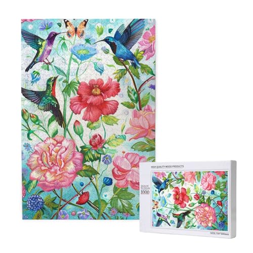 Garten mit Vogel und Blumen, bedrucktes Puzzle mit Aufbewahrungsbox, Holzpuzzle für Erwachsene und Kinder, 1000 Teile, Familienspaß, dekoratives Spiel von WPUTY
