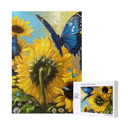 Gelbe Sonnenblumen mit blauen Schmetterlingen bedrucktes Puzzle mit Aufbewahrungsbox, Holzpuzzle für Erwachsene und Kinder, 300 Teile Familienspaß, dekoratives Spiel Gelbe Sonnenblumen mit blauen Schmetterlingen bedrucktes Puzzle mit Aufbewahrungsbox, Holzpuzzle für Erwachsene und Kinder, 300 Teile Familienspaß, dekoratives Spiel von WPUTY