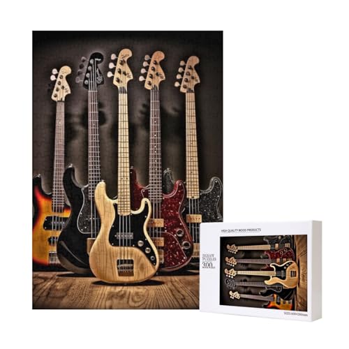 Gitarre Bass Musik Musikinstrumente Gedruckt Puzzle mit Aufbewahrungsbox Holzpuzzle für Erwachsene und Kinder, 300 Teile Familienspaß Dekoratives Spiel von WPUTY