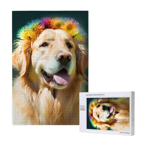Golden Retriever Hund gedruckt Puzzle mit Aufbewahrungsbox, Holzpuzzle für Erwachsene und Kinder, 1000 Teile Familienspaß, dekoratives Spiel von WPUTY