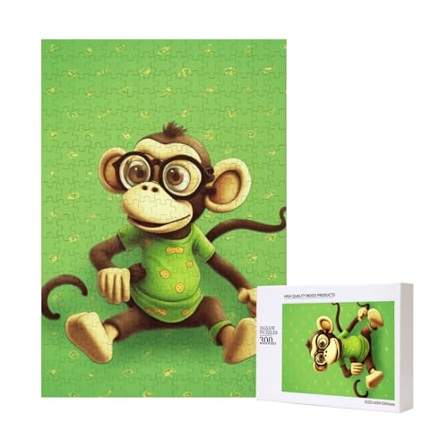 Green Monkey Printed Jigsaw Puzzle with Storage Box, Wooden Puzzle for Adults and Kids, 300 Pieces Family Fun Decorative Game von WPUTY