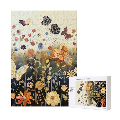 Hen Flying Butterflies Among Flowers Printed Jigsaw Puzzle with Storage Box, Wooden Puzzle for Adults and Kids, 300 Pieces Family Fun Decorative Game von WPUTY