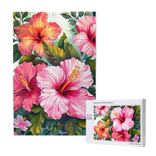 Hibiskus Blumen Kunst gedruckt Puzzle mit Aufbewahrungsbox, Holzpuzzle für Erwachsene und Kinder, 1000 Teile Familienspaß, dekoratives Spiel von WPUTY