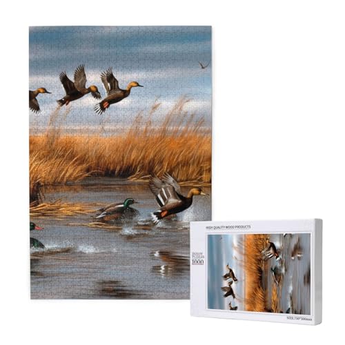 Jagd fliegende wilde Ente 2 gedrucktes Puzzle mit Aufbewahrungsbox, Holzpuzzle für Erwachsene und Kinder, 1000 Teile Familienspaß, dekoratives Spiel von WPUTY