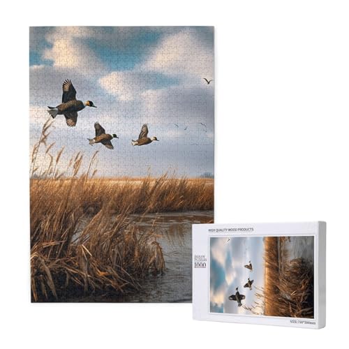 Jagd fliegende wilde Ente gedrucktes Puzzle mit Aufbewahrungsbox, Holzpuzzle für Erwachsene und Kinder, 1000 Teile Familienspaß, dekoratives Spiel von WPUTY