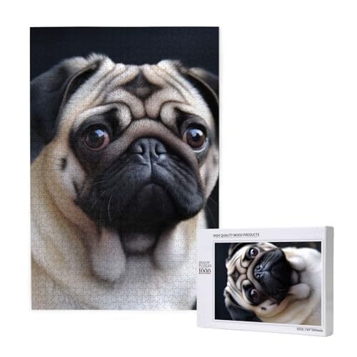 Mops Hund gedruckt Puzzle mit Aufbewahrungsbox, Holzpuzzle für Erwachsene und Kinder, 1000 Teile Familienspaß, dekoratives Spiel von WPUTY