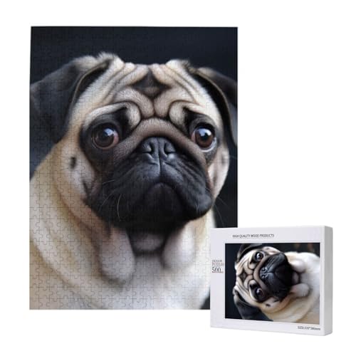 Mops Hund gedruckt Puzzle mit Aufbewahrungsbox, Holzpuzzle für Erwachsene und Kinder, 500 Teile Familienspaß, dekoratives Spiel von WPUTY