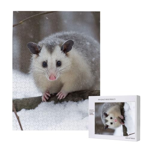 Opossum In Snow Printed Jigsaw Puzzle with Storage Box, Wooden Puzzle for Adults and Kids, 500 Pieces Family Fun Decorative Game von WPUTY
