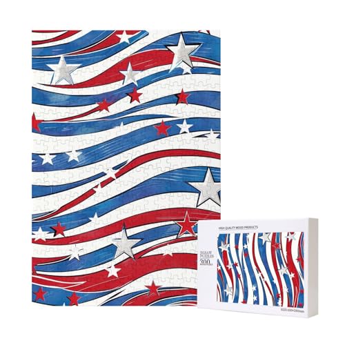 Patriotic Stars Strips Independence Day Printed Jigsaw Puzzle with Storage Box, Wooden Puzzle for Adults and Kids, 300 Pieces Family Fun Decorative Game von WPUTY