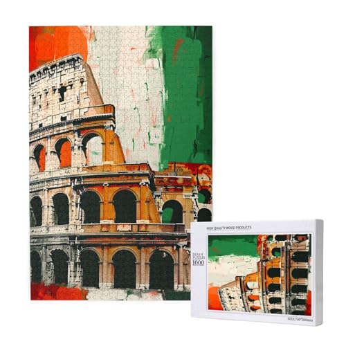 Römisches Kolosseum Italienische Flagge, gedrucktes Puzzle mit Aufbewahrungsbox, Holzpuzzle für Erwachsene und Kinder, 1000 Teile Familienspaß, dekoratives Spiel von WPUTY