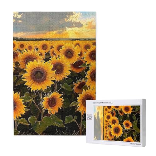 Sonnenblumen-gedrucktes Puzzle mit Aufbewahrungsbox, Holzpuzzle für Erwachsene und Kinder, 1000 Teile Familienspaß, dekoratives Spiel von WPUTY