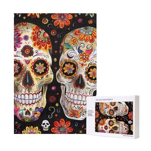 Sugar Skulls Printed Jigsaw Puzzle with Storage Box, Wooden Puzzle for Adults and Kids, 300 Pieces Family Fun Decorative Game von WPUTY