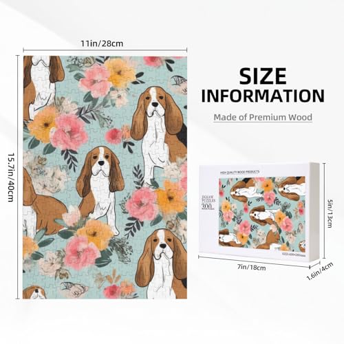 Sweet Basset Hound Florals Printed Jigsaw Puzzle with Storage Box, Wooden Puzzle for Adults and Kids, 300 Pieces Family Fun Decorative Game von WPUTY