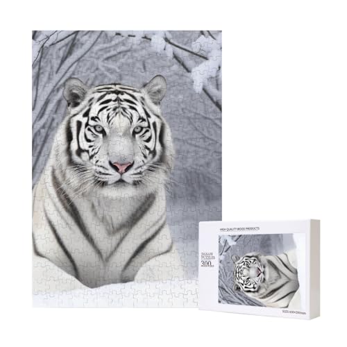 Weißer Tiger im Schnee gedrucktes Puzzle mit Aufbewahrungsbox, Holzpuzzle für Erwachsene und Kinder, 300 Teile Familienspaß, dekoratives Spiel von WPUTY