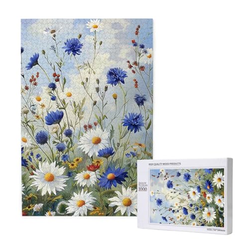 Wild Flowers and Cornflowers Daisies Art Printed Jigsaw Puzzle with Storage Box, Wooden Puzzle for Adults and Kids, 1000 Pieces Family Fun Decorative Game von WPUTY