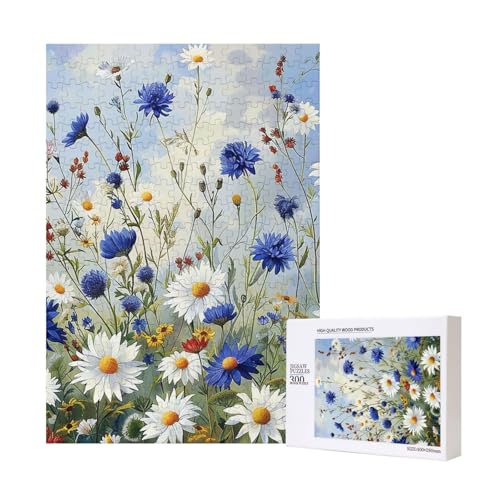 Wild Flowers and Cornflowers Daisies Art Printed Jigsaw Puzzle with Storage Box, Wooden Puzzle for Adults and Kids, 300 Pieces Family Fun Decorative Game von WPUTY