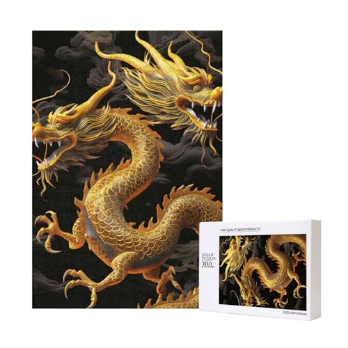 Yellow Dragon Black Background Printed Jigsaw Puzzle with Storage Box, Wooden Puzzle for Adults and Kids, 300 Pieces Family Fun Decorative Game von WPUTY