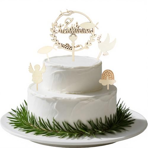 WQDD STANPET 5 Stück Cake Topper Taufe & Tortendeko Taufe – Holz Taufdeko für Jungen & Mädchen mit Regenbogen, Engel, Friedenstaube, Buch mit Kreuz & Taufkuchendeko-Hut von WQDD STANPET