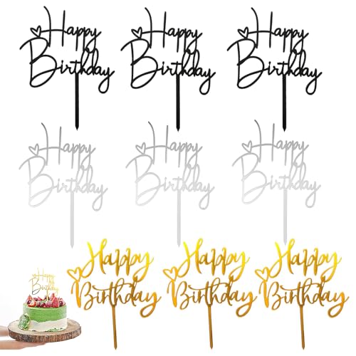 9 Stück Gold Happy Birthday Cake Topper Geburtstag Kuchen Topper Acryl Kuchen Topper Happy Birthday Kuchen Dekorationen für Geburtstag Party Dekorationen Baby Shower Party (Gold, Silber, Schwarz) von WQEDVN