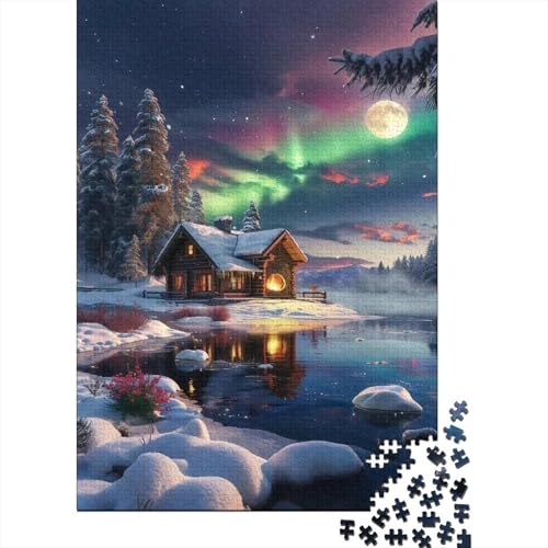 Snowy Aurora Wooden House 1000-Puzzleteile Aurora Realm PuzzleWohndekoration Geschenk1000-Geschenke Für Erwachsene100% RecyclingkartonGeeignet Für Erwachsene Und Kinder 1000pcs (75x50cm) von WQIRALFEX
