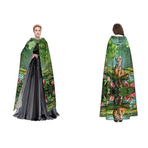 WQUVMDS Unisex Kapuzenumhang mit Kapuze (Tiger und Lotusblumen), Umhang für Halloween, Hexenparty, mit Kapuze, Erwachsene, Vampirumhang von WQUVMDS