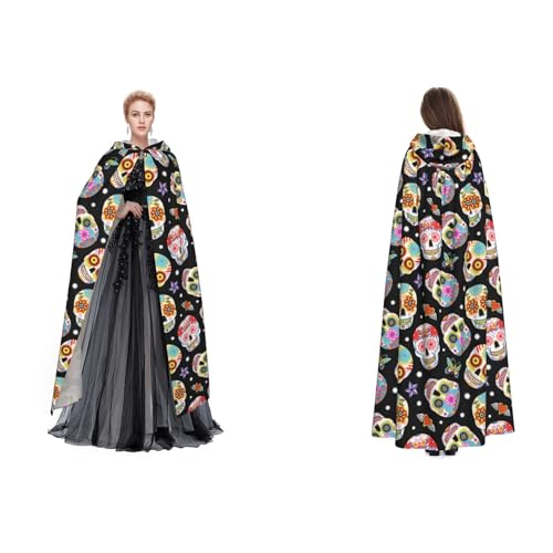 WQUVMDS Unisex Kapuzenumhang mit Totenköpfen (Sugar Skulls) für Halloween, Hexenparty, mit Kapuze für Erwachsene, Vampirumhang von WQUVMDS