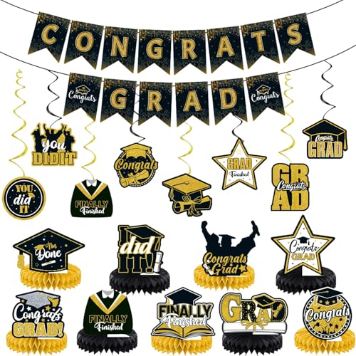 Congrats Grad Party-Dekor-Set, hängende Banner & Waben-Twirl-Dekorationen – Spiral-Mittelstücke für Abschlussfeiern von WREWING