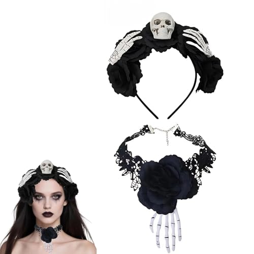 Gothic Skelett Rose 2er Pack Set - Gruselige schwarze Rose Kopfbedeckung & Choker Halskette, Halloween Party Zubehör für Frauen von WREWING