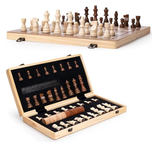 Magnetisches Schach- und Dame-Set aus Holz, 38,1 cm, Klappbrett mit 2 zusätzlichen Königinnen für Erwachsene und Kinder, tragbare Reisespiele (Holz) von WREWING