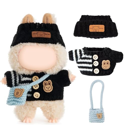 WREWING 3-teiliges Häkelset für 17 cm große Puppen – mehrfarbiger Pullover, Mütze und Tasche, Set zum Verkleiden von WREWING