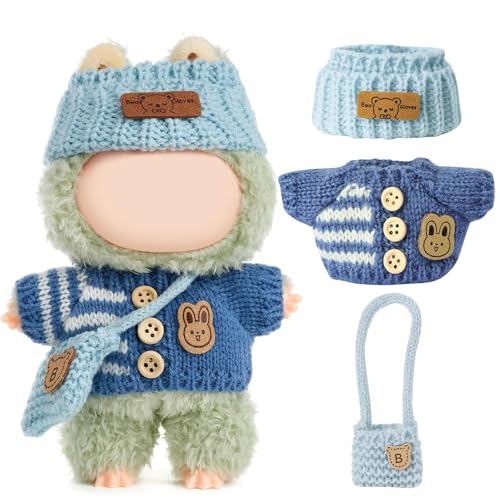 WREWING 3-teiliges Häkelset für 17 cm große Puppen – mehrfarbiger Pullover, Mütze und Tasche, Set zum Verkleiden von WREWING