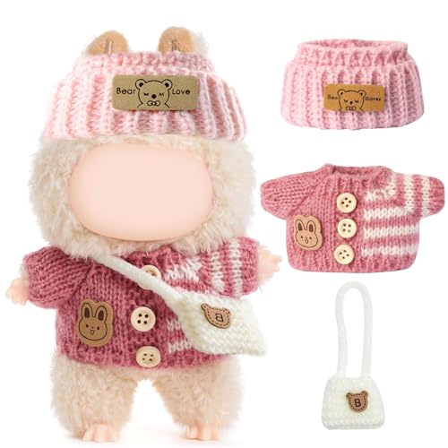 WREWING 3-teiliges Häkelset für 17 cm große Puppen – mehrfarbiger Pullover, Mütze und Tasche, Set zum Verkleiden von WREWING