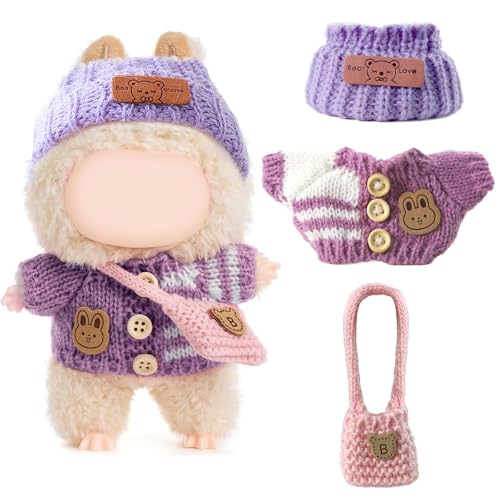 WREWING 3-teiliges Häkelset für 17 cm große Puppen – mehrfarbiger Pullover, Mütze und Tasche, Set zum Verkleiden von WREWING
