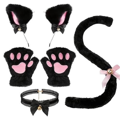 WREWING 4 Stück Katze Kostüm Set - Plüsch Ohren Stirnband Clip On Schwanz Pfote Handschuhe & Verstellbare Halskette für Halloween Cosplay von WREWING