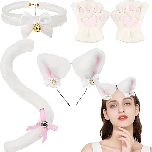 WREWING 4 Stück Katze Kostüm Set - Plüsch Ohren Stirnband Clip On Schwanz Pfote Handschuhe & Verstellbare Halskette für Halloween Cosplay von WREWING