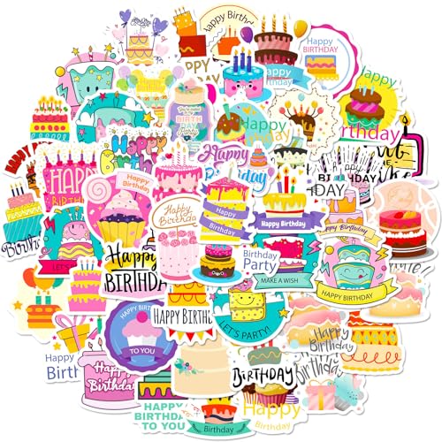 WREWING 50 Stück Geburtstagstorte Doodle Aufkleber + 50 Folienballons | Wasserdichte Kinder Belohnungsaufkleber für Party Dekor & DIY Karten (2 Sets) von WREWING