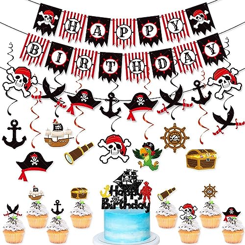 WREWING Piratenparty-Dekorationsset: Kartonbanner, Kuchendekorationen & Totenkopf-Requisiten für Halloween-Geburtstage von WREWING