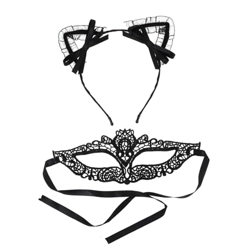 WRITWAA 1 Satz Kostüm Haarreifen Set mit Katzenohren und Spitzenmaske Teiliges Set für Karneval Tier Themenparty und Kreative Anlässe von WRITWAA