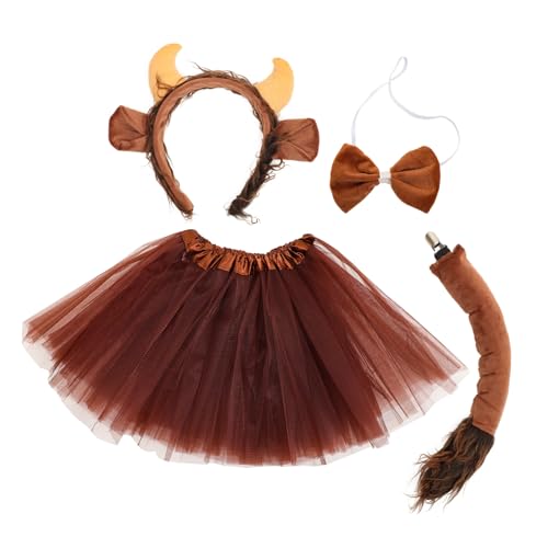 WRITWAA Tierohren Cosplay-stirnband-set Für Mädchen Rinderhörner Tutu-rock Plüschohren Und Hörner Stirnband Fliege Für Halloween-partys Und Die Bühne von WRITWAA